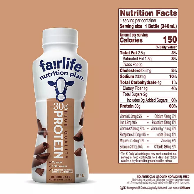 Fairlife Nutrition Plan 30g Protein Shake, Chocolate 11.5 fl. oz., 12 pk.