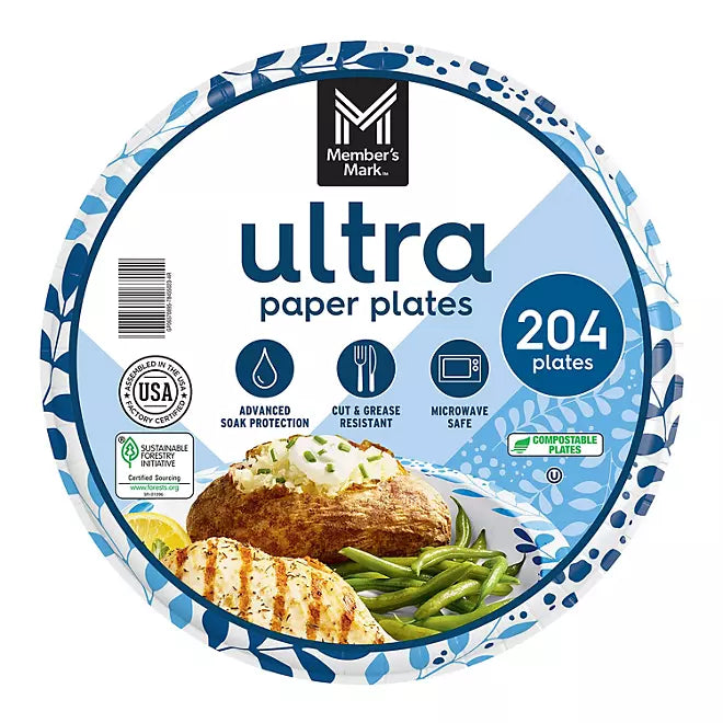 Member's Mark Ultra Dinner Paper Plates, 10"  204 count