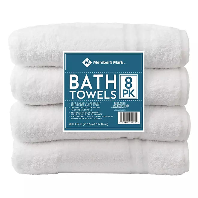 Member's Mark Commercial Hospitality Bath Towels, White  8 pk.
