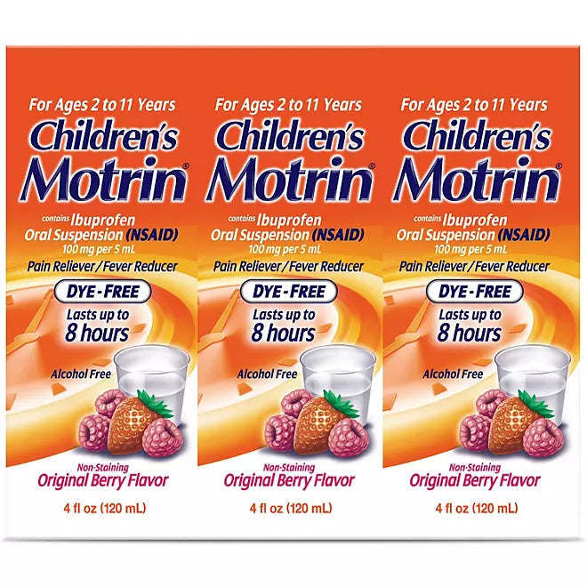 Children's Motrin Pain Reliever/Fever Reducer NSAID, 100 mg Ibuprofen, Original Berry  4 oz., 3 pk.