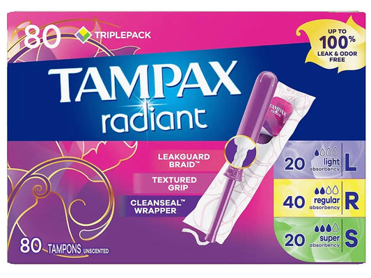 Tampax Radiant Tampons Trio Pack with LeakGuard Braid, Lite/Regular/Super Absorbency, 80 count - Unscented Tampax