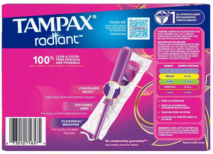 Tampax Radiant Tampons Trio Pack with LeakGuard Braid, Lite/Regular/Super Absorbency, 80 count - Unscented Tampax